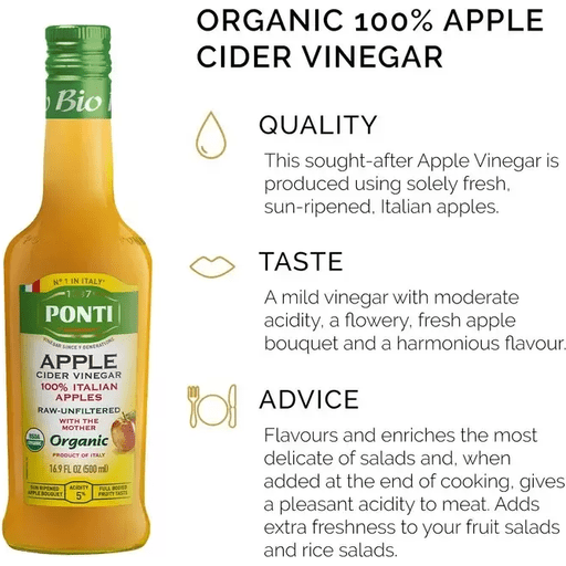 PONTI 100% Italian Organic Apple Cider Vinegar - 500ml (16.9fl. oz) - Pinocchio's Pantry - Authentic Italian Food