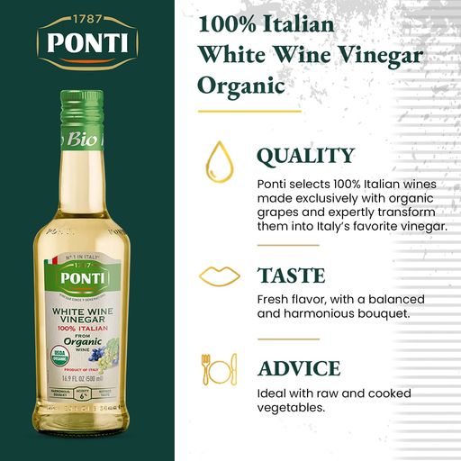 PONTI Organic Italian White Wine Vinegar - 500ml (16.9fl. oz) - Pinocchio's Pantry - Authentic Italian Food