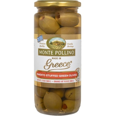 MONTE POLLINO Green Olives Stuffed with Pimento - 500g (17.6oz) - Pinocchio's Pantry - Authentic Italian Food